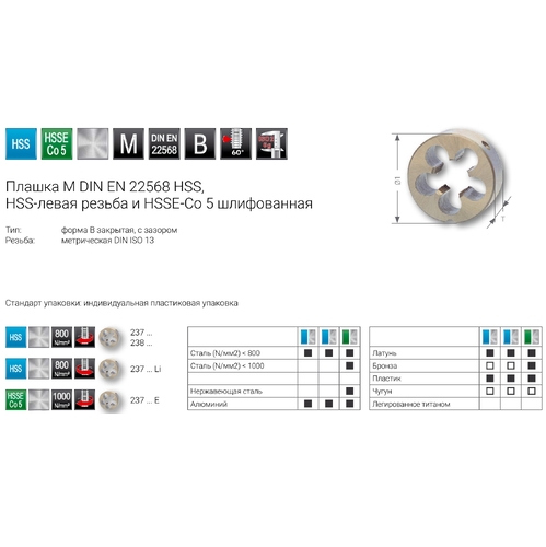 Плашка M DIN EN 22568 HSS, праве різблення